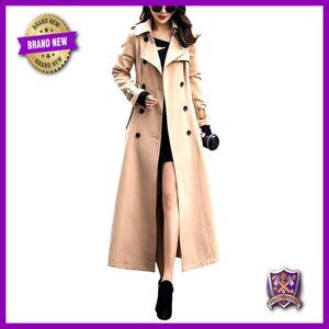 Double Breasted Maxi Trench Coat Elegant Office Wear Classic Feminine Fit Flare